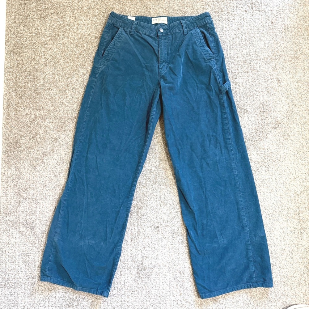 Current Elliott Painter Teal Blue Corduroy Carpenter Wide Leg Pants 30 Utility